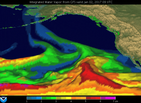 An animation from NOAA’s Earth System Research Laboratory shows an atmospheric river event in January 2017.